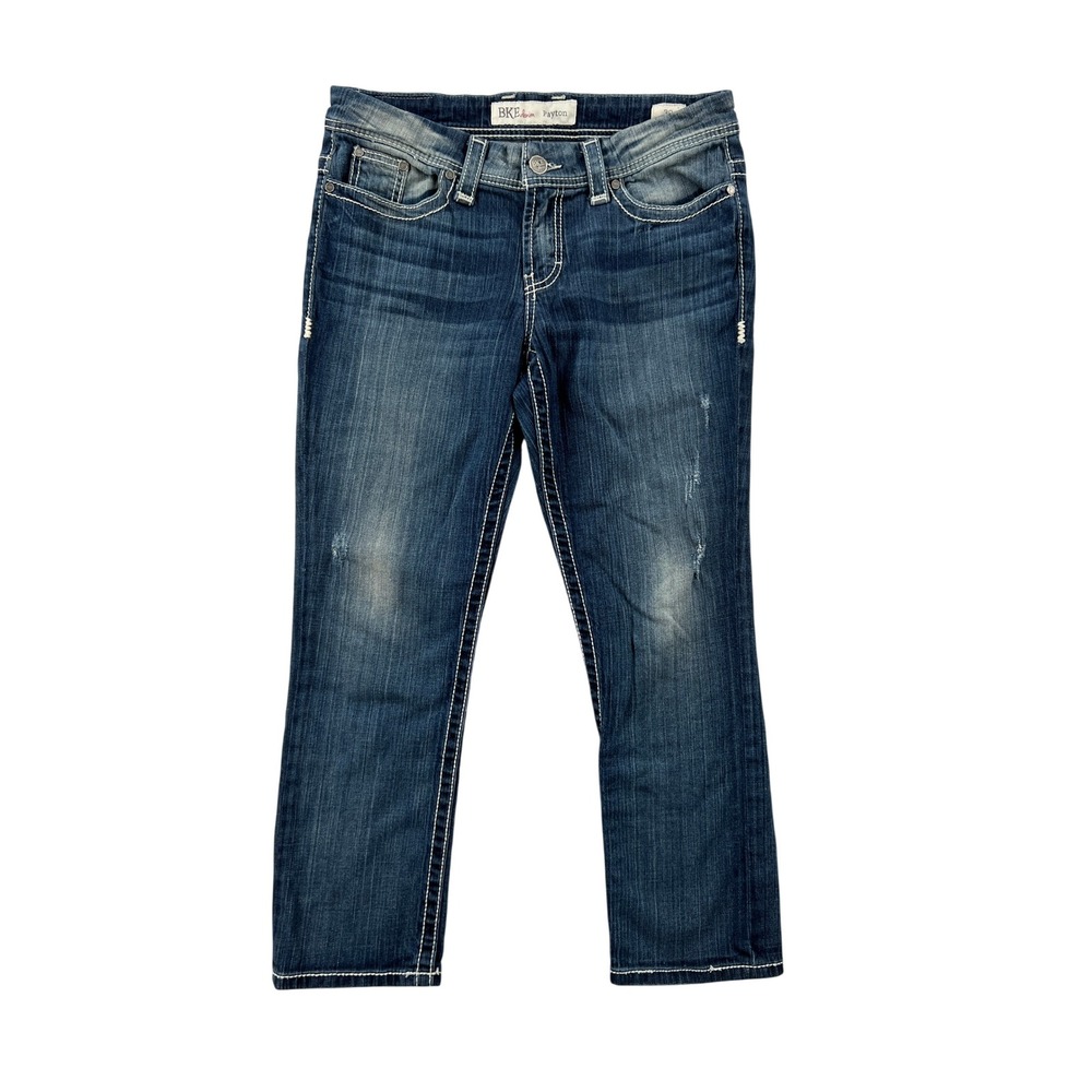 BKE Payton Cropped Jeans Womens 30x26 Dark Wash Distressed Contrast Stitch